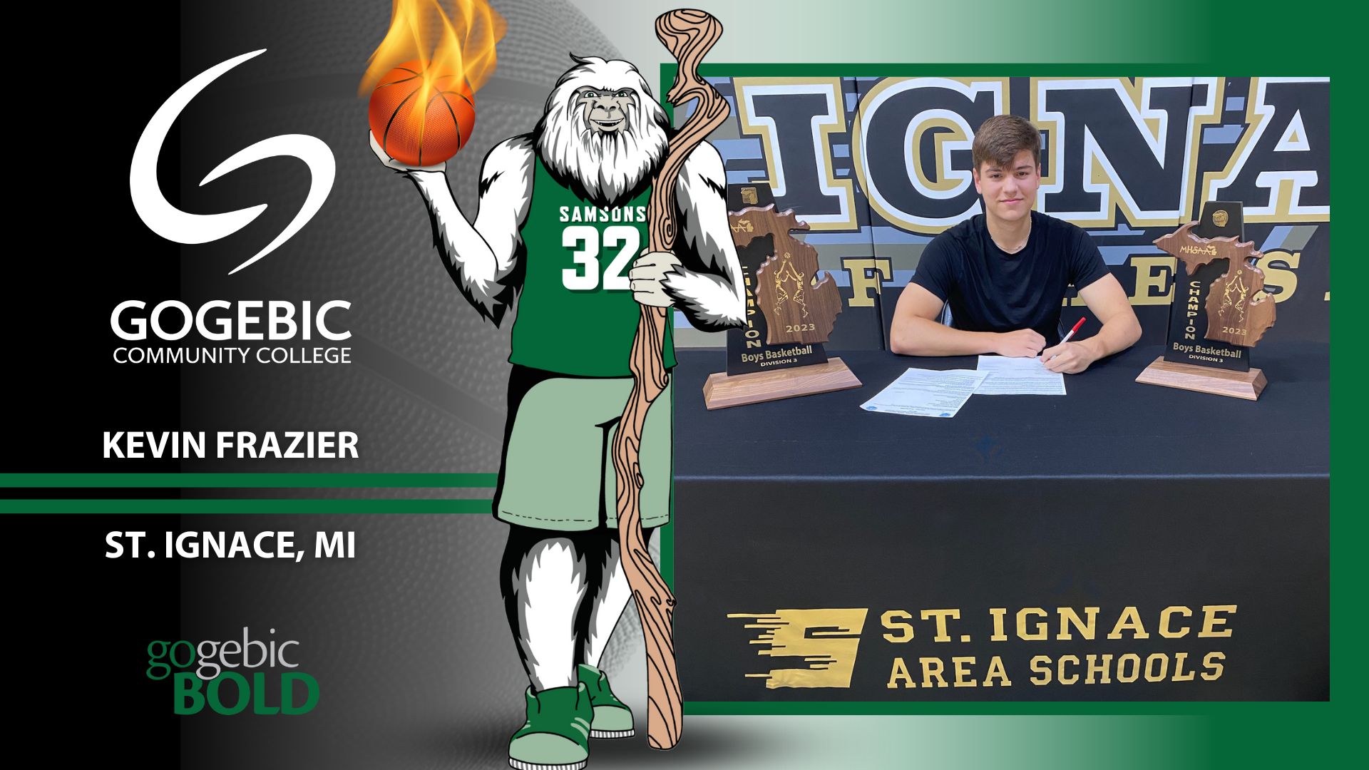 Kevin Frazier of St. Ignace signs his intent to play with Samsons men's basketball.
